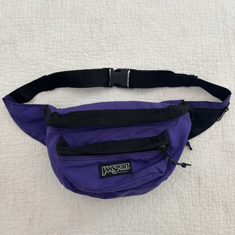 Vintage Jansport Fanny Pack Belt Bag Purple Black Nylon Small Solid Light